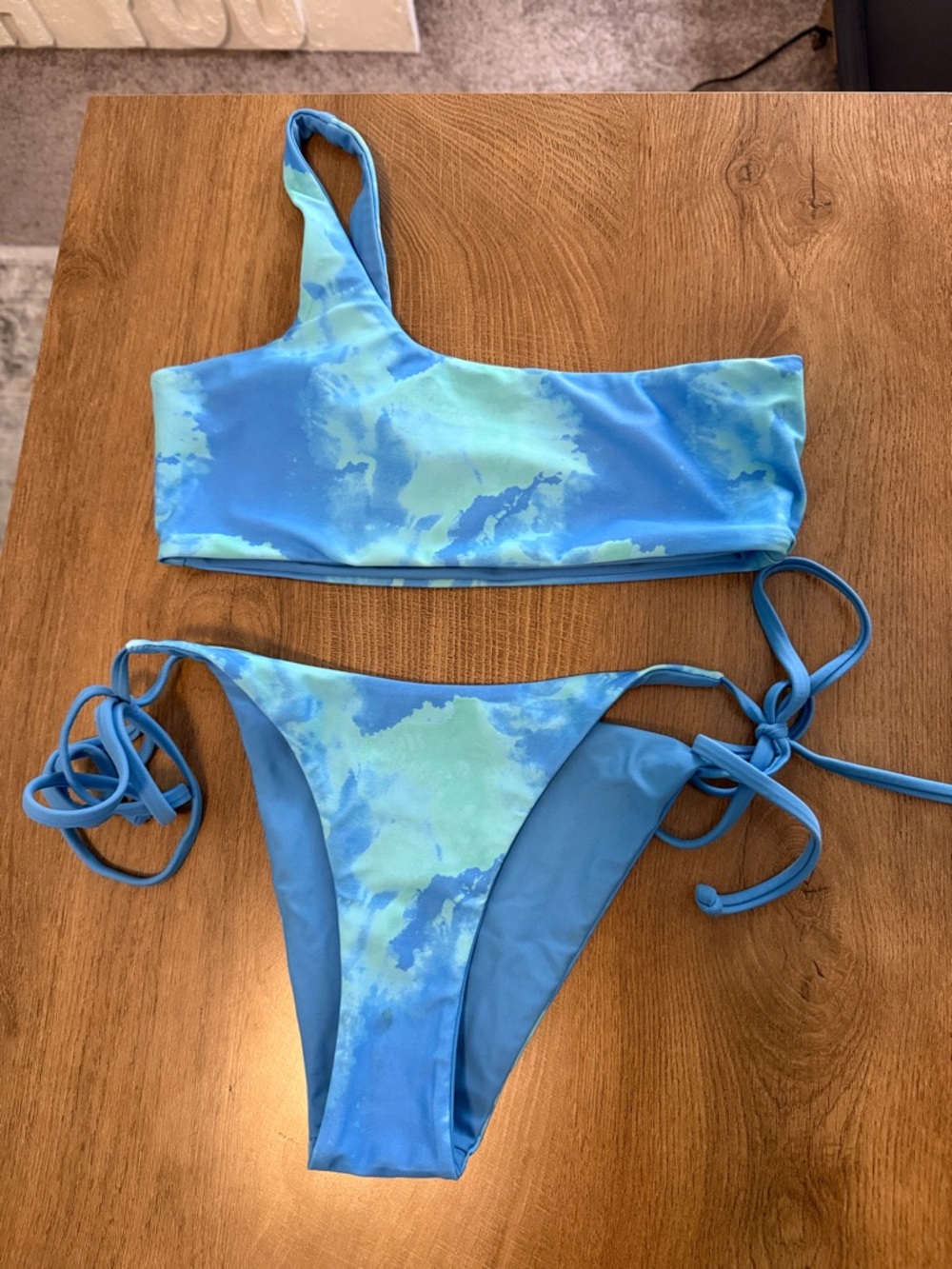 Blue Tie-Dye One-Shoulder Bikini Set